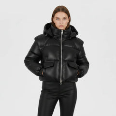 Women’s Black Leather Puffer Jacket Sheepskin Cropped Winter Coat - RXD Leather 00370
