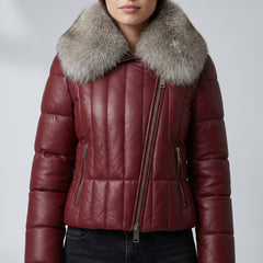 Women Red Leather Puffer Jacket Faux Fur Collar Winter Style Outfits - RXD Leather 00369 