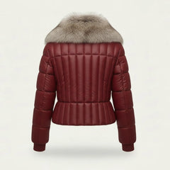 Women Red Leather Puffer Jacket Faux Fur Collar Winter Style Outfits - RXD Leather 00369 