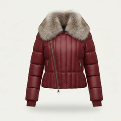 Women Red Leather Puffer Jacket Faux Fur Collar Winter Style Outfits - RXD Leather 00369 