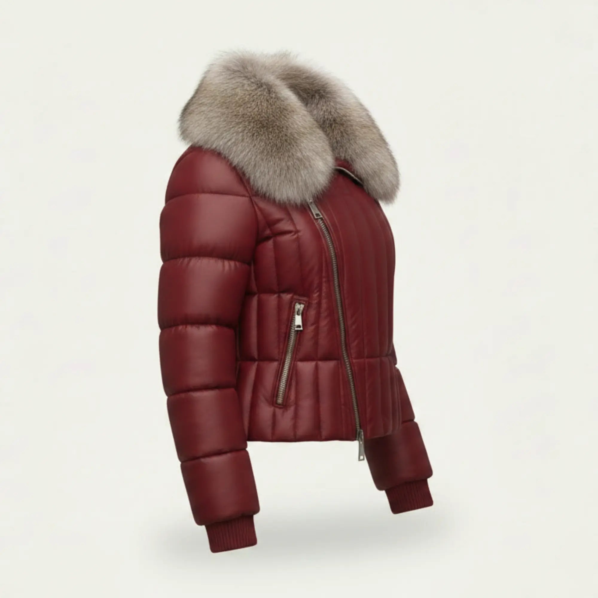 Women Red Leather Puffer Jacket Faux Fur Collar Winter Style Outfits - RXD Leather 00369 