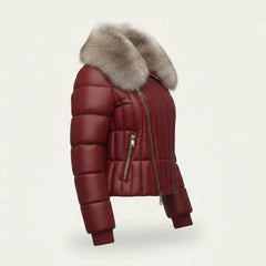 Women Red Leather Puffer Jacket Faux Fur Collar Winter Style Outfits - RXD Leather 00369 