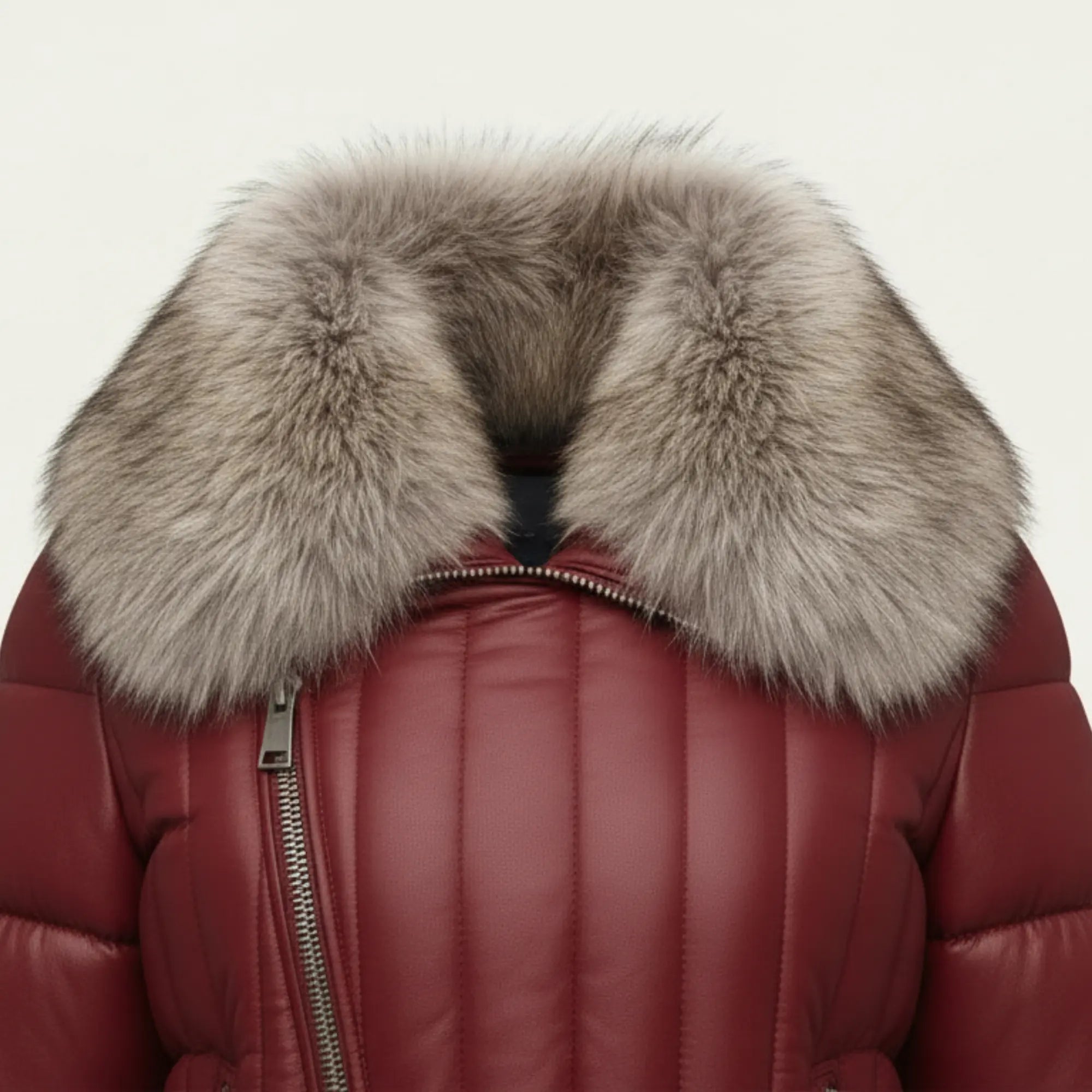 Women Red Leather Puffer Jacket Faux Fur Collar Winter Style Outfits - RXD Leather 00369 
