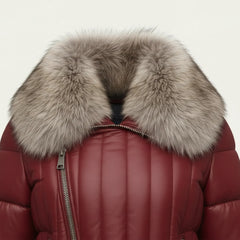 Women Red Leather Puffer Jacket Faux Fur Collar Winter Style Outfits - RXD Leather 00369 