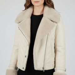 Women's beige bomber with detachable faux fur trim – RXD Leather