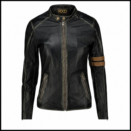 Women's black distressed leather cafe racer jacket – RXD Leather 1254
