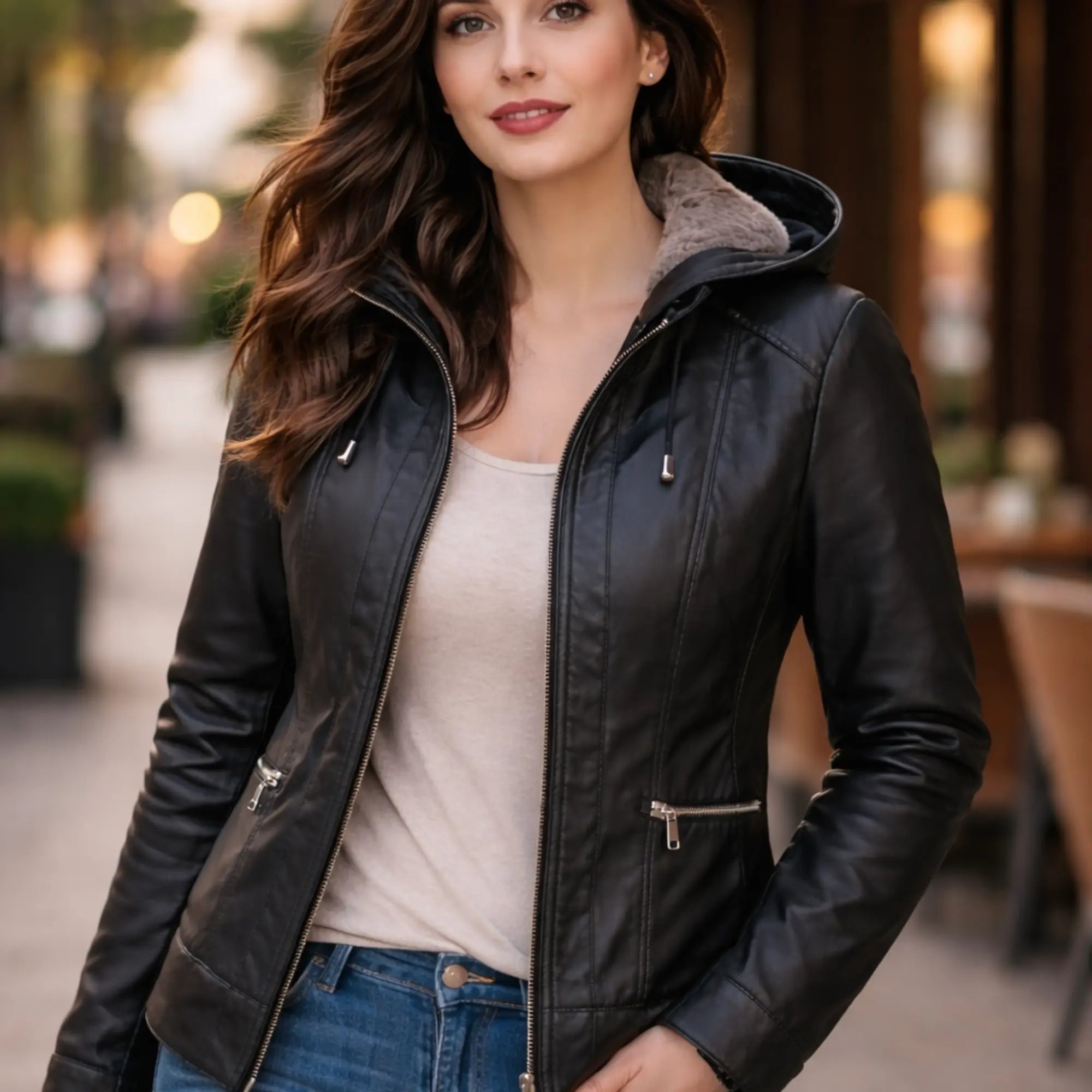 Women's black nappa leather jacket with detachable hood – RXD Leather
