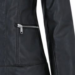 Women's black genuine leather hooded jacket detail – RXD Leather