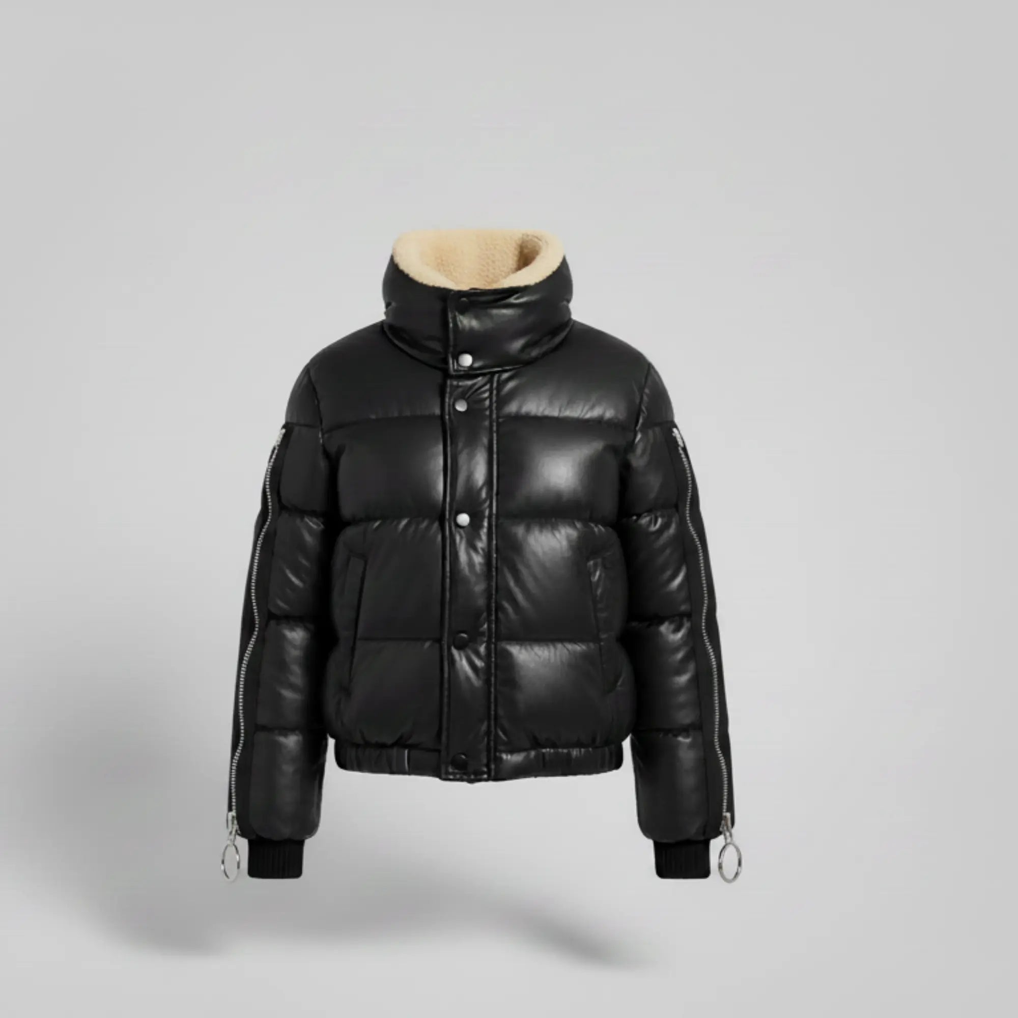 Women's black leather cropped puffer jacket with sherpa collar – RXD Leather