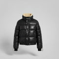 Women's black leather cropped puffer jacket with sherpa collar – RXD Leather