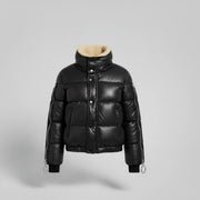 Women's black leather cropped puffer jacket with sherpa collar – RXD Leather