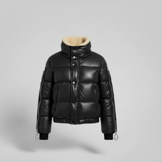 Women's black leather cropped puffer jacket with sherpa collar – RXD Leather 2000