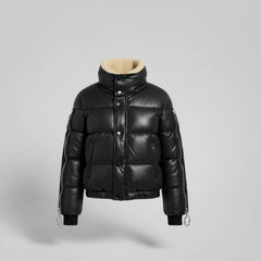 Women's black leather cropped puffer jacket with sherpa collar – RXD Leather