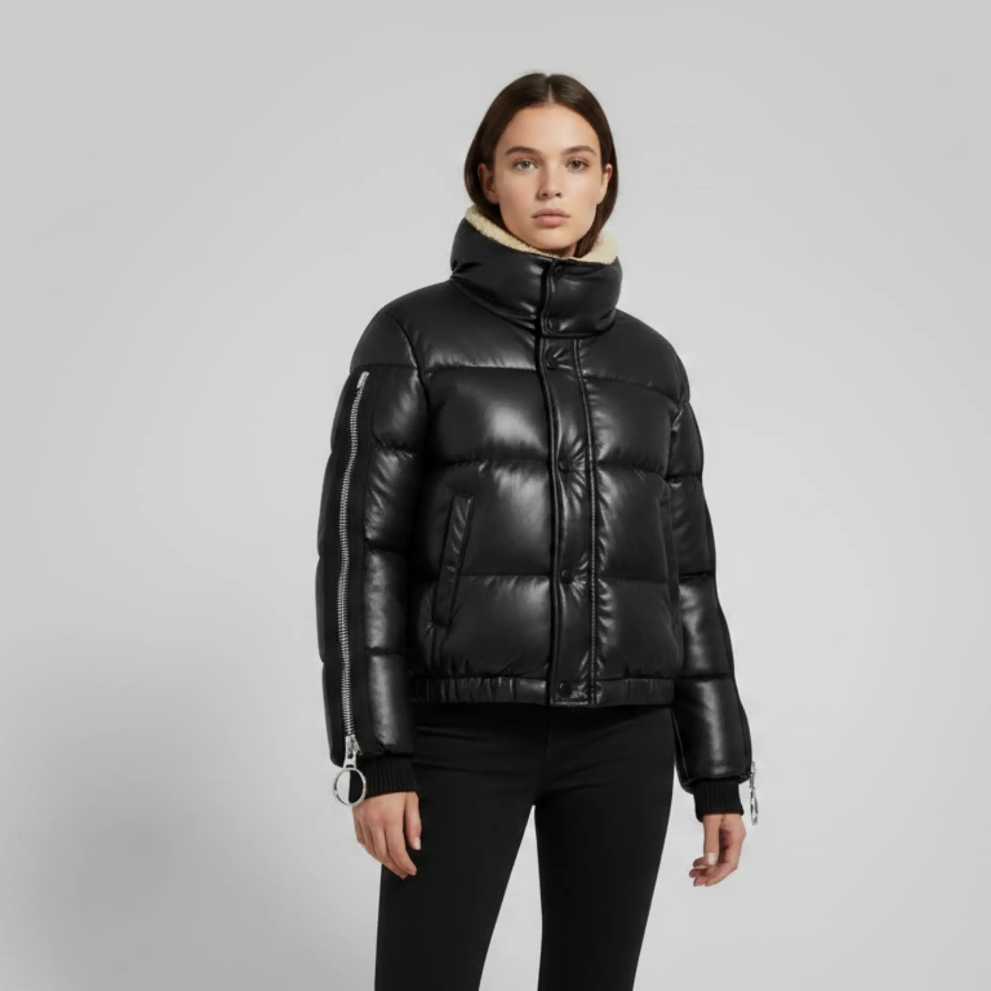Women's black puffer jacket with sherpa collar – RXD Leather