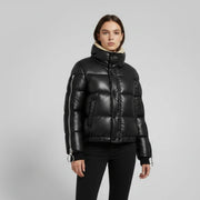 Women's black puffer jacket with sherpa collar – RXD Leather