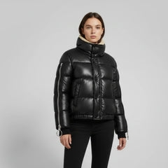 Women's black puffer jacket with sherpa collar – RXD Leather