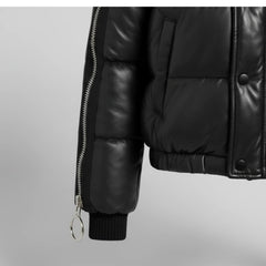 Women's black sherpa collar puffer jacket back – RXD Leather