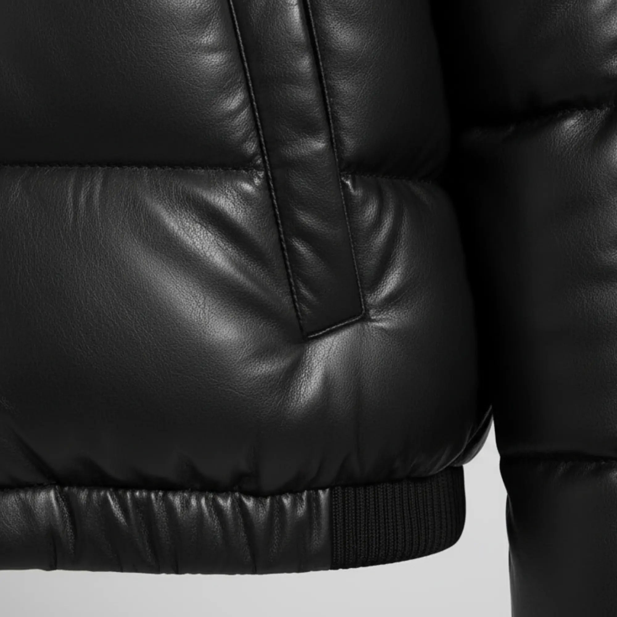 Women's black leather cropped puffer jacket detail – RXD Leather