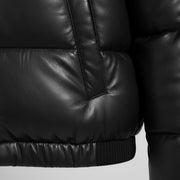 Women's black leather cropped puffer jacket detail – RXD Leather