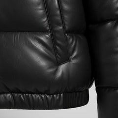 Women's black leather cropped puffer jacket detail – RXD Leather