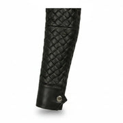 Women's black quilted belted leather jacket detail – RXD Leather