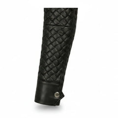 Women's black quilted belted leather jacket detail – RXD Leather
