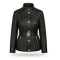 Women's black quilted belted leather jacket – RXD Leather