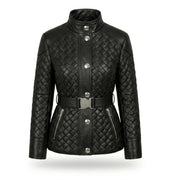 Women's black quilted belted leather jacket – RXD Leather
