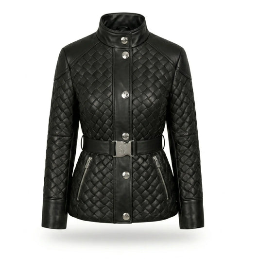 Women's black quilted belted leather jacket – RXD Leather 2000