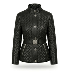 Women's black quilted belted leather jacket – RXD Leather