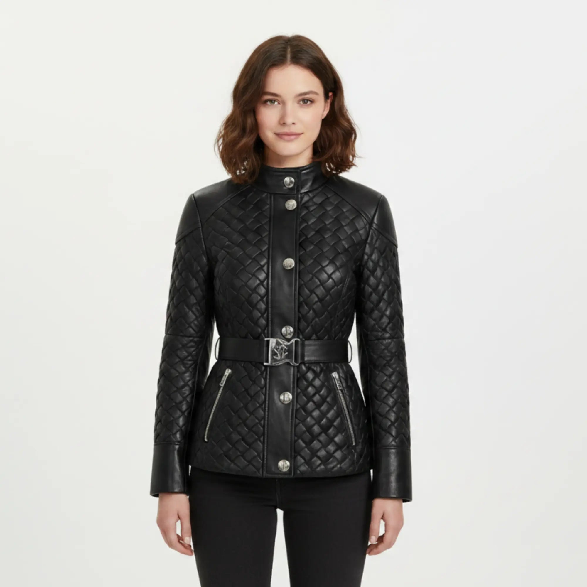 Women's black leather jacket with belted waist – RXD Leather