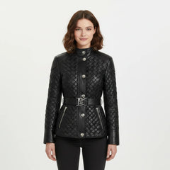 Women's black leather jacket with belted waist – RXD Leather