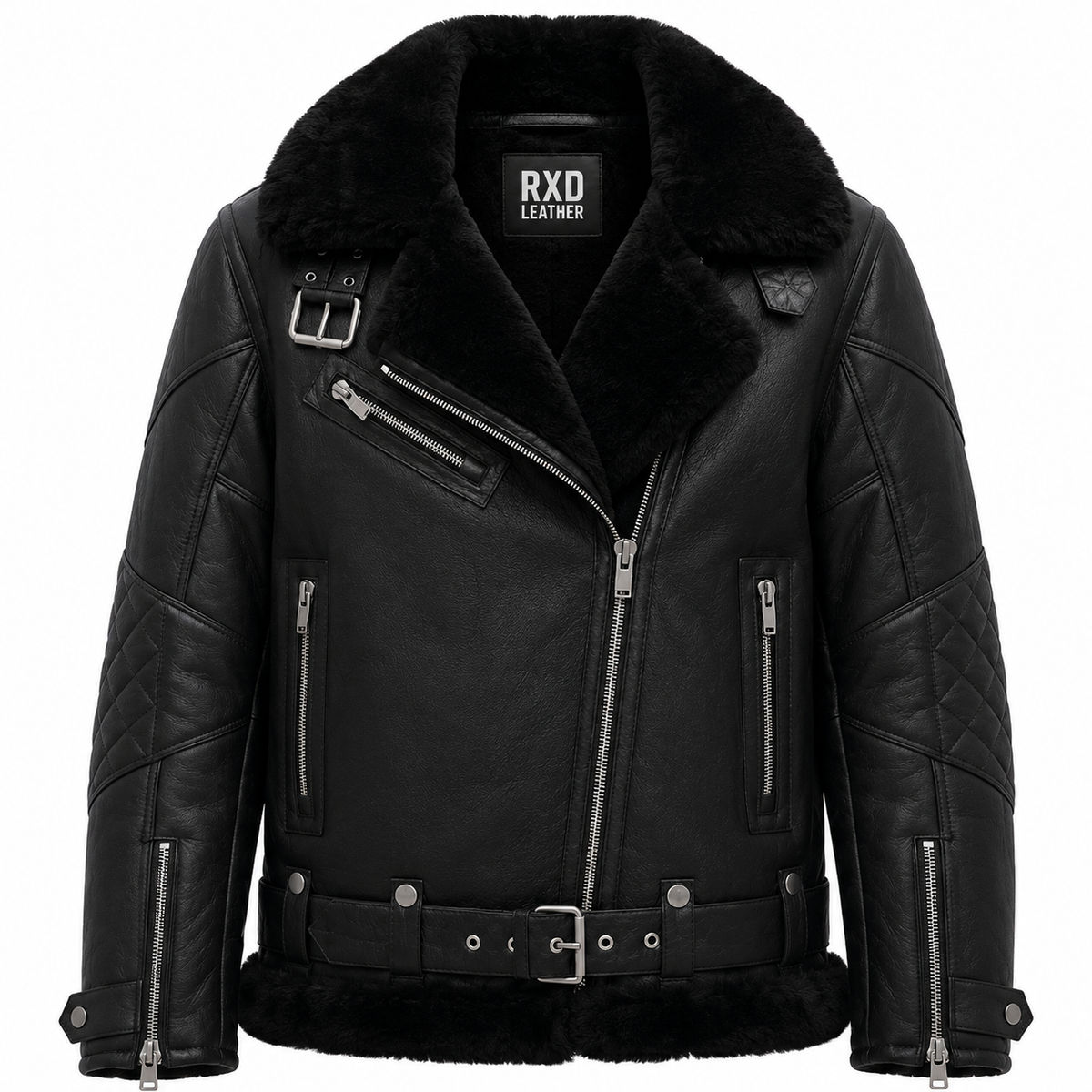 Women's Black Shearling Aviator Real Leather Fur Winter Jacket Coat - RXD Leather 00208