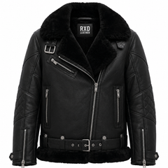 Women's Black Shearling Aviator Real Leather Fur Winter Jacket Coat - RXD Leather 00208