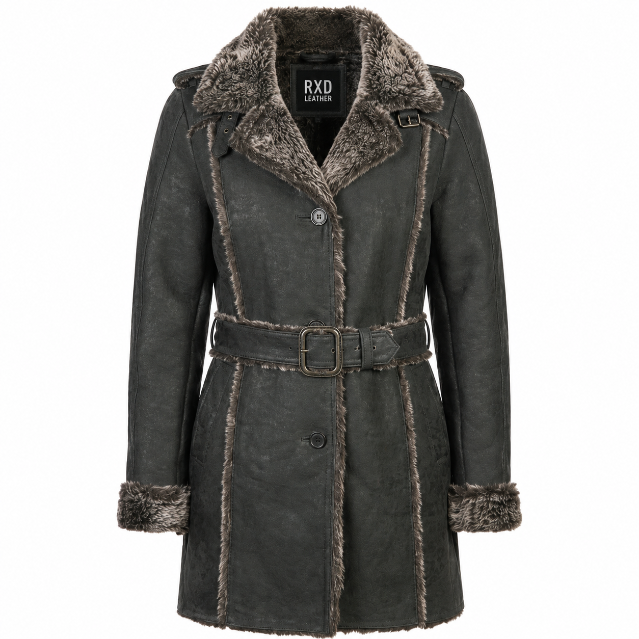 Women's Black Sheepskin Leather Shearling Faux Fur Lined Coat Jacket - RXD Leather 00184