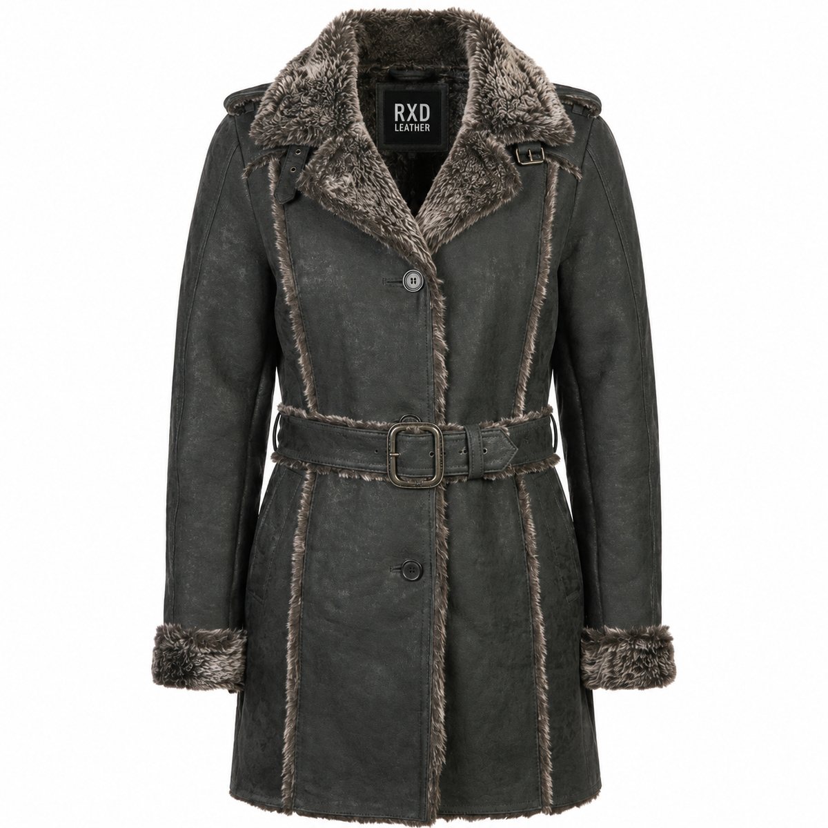 Women's Black Sheepskin Leather Shearling Faux Fur Lined Coat Jacket - RXD Leather 00184
