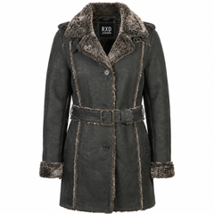 Women's Black Sheepskin Leather Shearling Faux Fur Lined Coat Jacket - RXD Leather 00184