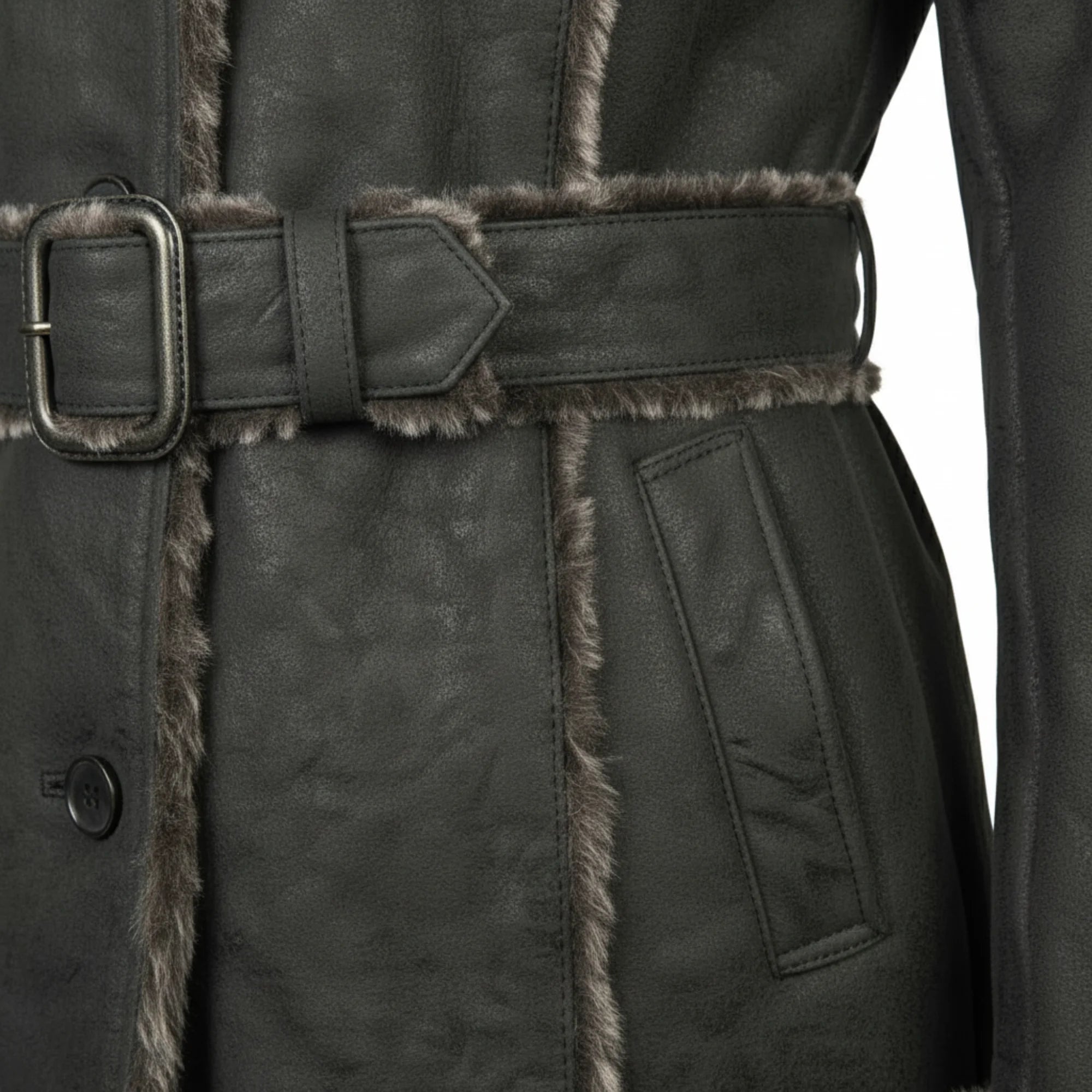 Women's Black Sheepskin Leather Shearling Faux Fur Lined Coat Jacket - RXD Leather 00184