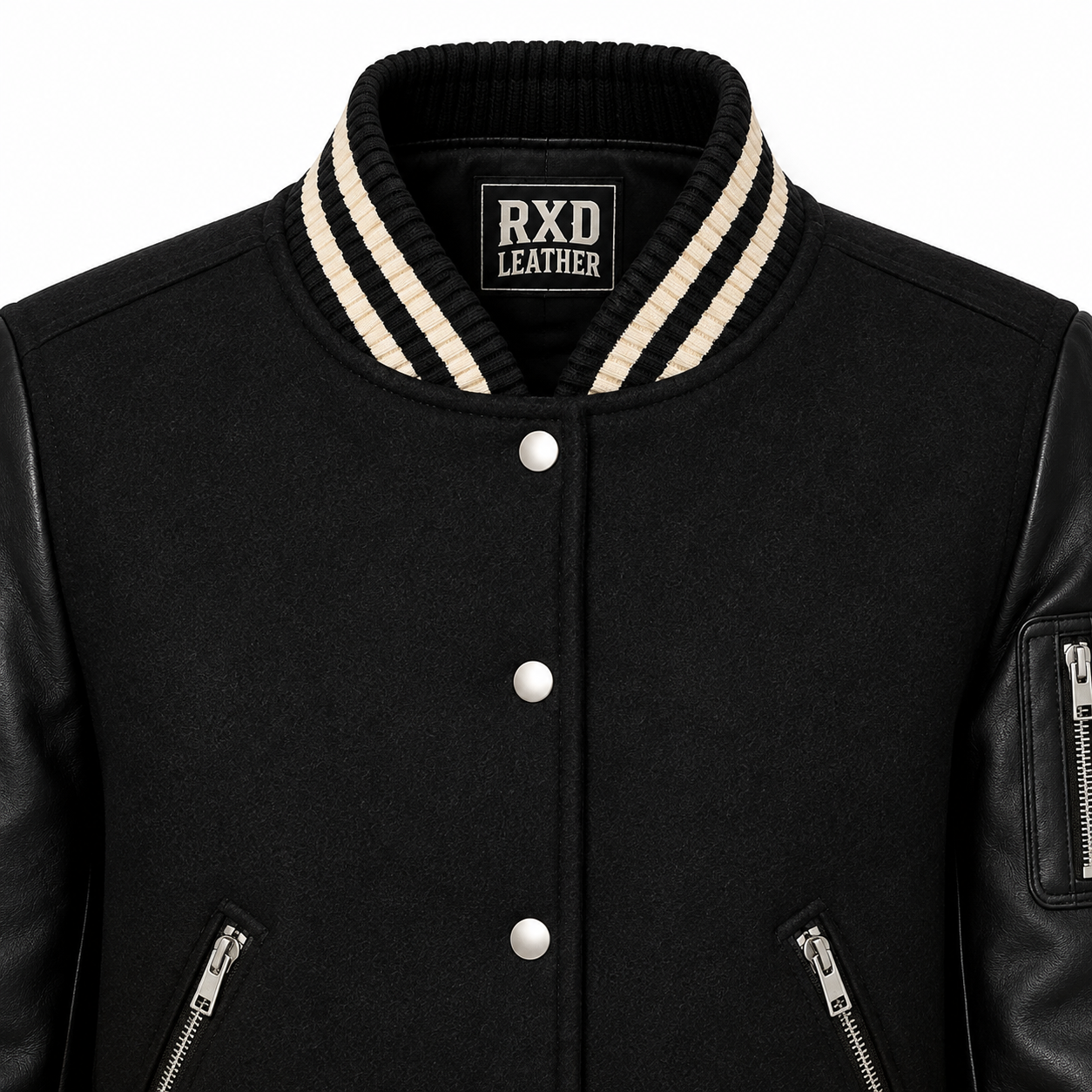Women's black varsity jacket styled – RXD Leather