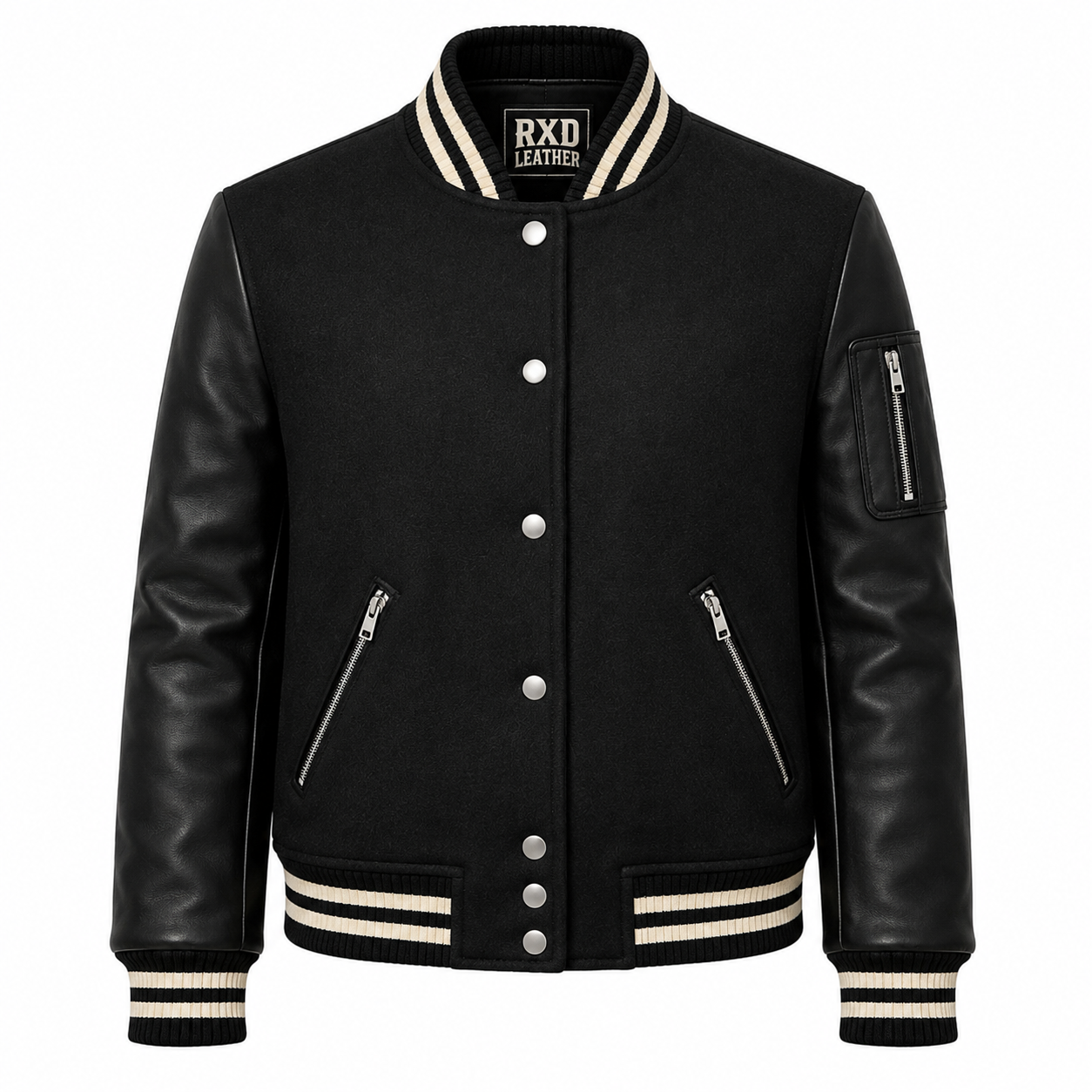 Women's black wool varsity jacket with leather sleeves – RXD Leather