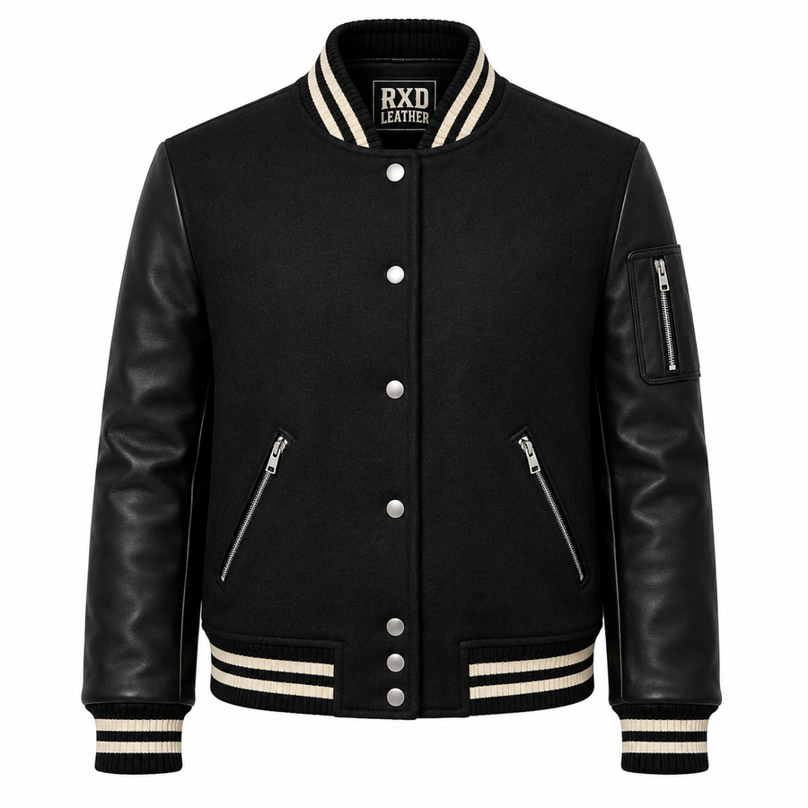 Women's black wool varsity jacket with leather sleeves – RXD Leather
