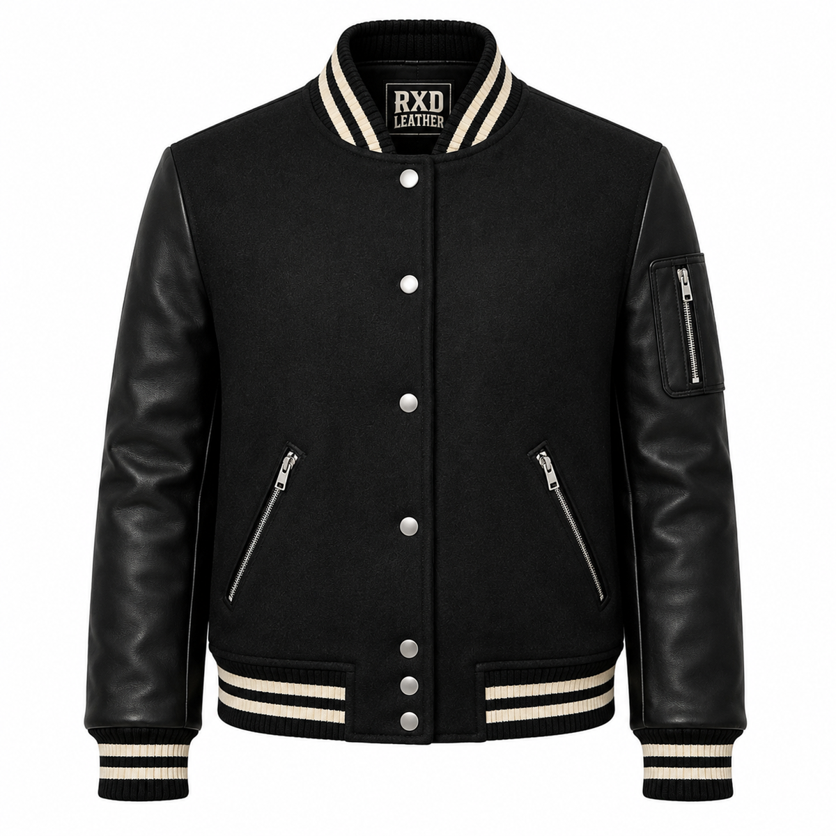 ATTACHMENT Wool×Leather Varsity Jacket Women's Black Wool Varsity Jacket Real Leather Sleeves Bomber Fit