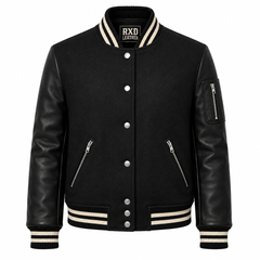 Women's black wool varsity jacket with leather sleeves – RXD Leather