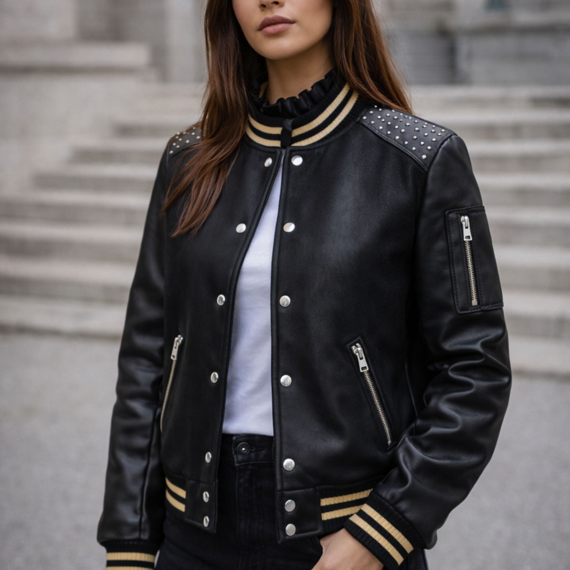Women's black varsity jacket with real leather sleeves – RXD Leather