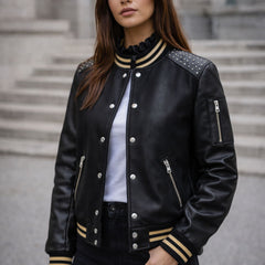 Women's black varsity jacket with real leather sleeves – RXD Leather