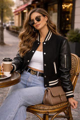 Women's black wool varsity jacket detail – RXD Leather