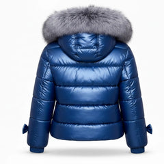 Women's blue puffer coat with real fur hood – RXD Leather