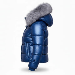 Women's blue leather winter puffer jacket – RXD Leather