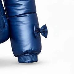Women's blue leather puffer jacket with fur hood detail – RXD Leather
