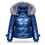 Women's blue leather puffer jacket with fox fur hood – RXD Leather